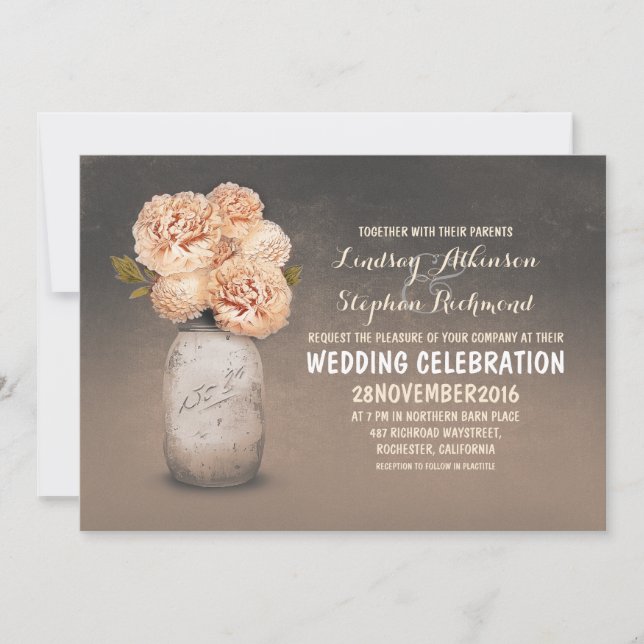 Peach floral gemalt Mason Glas Hochzeit Einladunge Einladung (Vorderseite)