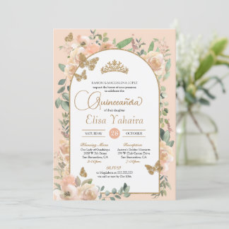 Peach Floral Gold Butterfly Wasserfarbe Quinceañer Einladung