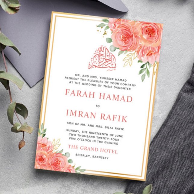 Peach Floral Gold Rahmen islamische muslimische Ho Einladung (Von Creator hochgeladen)