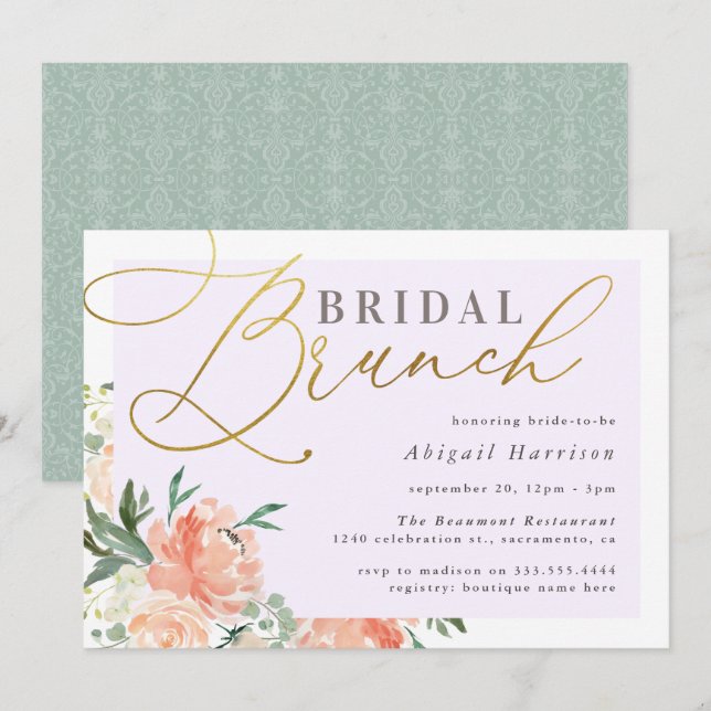 Peach Floral Gold Script Lavender Bridal Brunch Einladung (Vorne/Hinten)