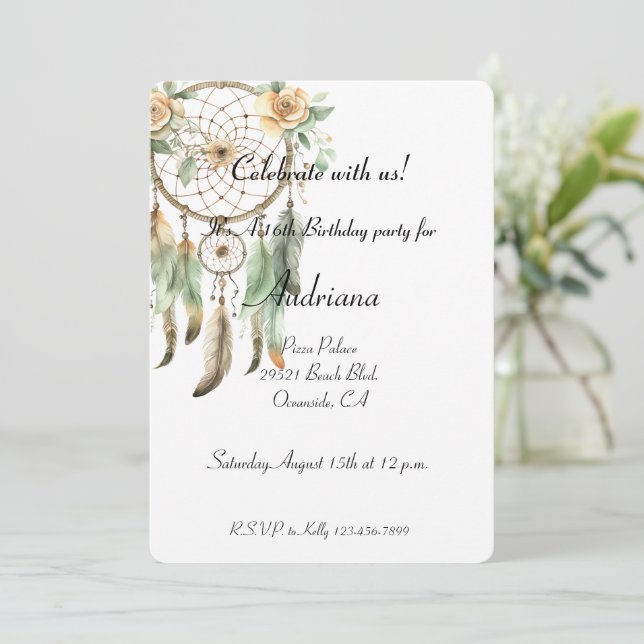 Peach floral Green Dream Catcher Geburtstag Einladung (Stehend Vorderseite)