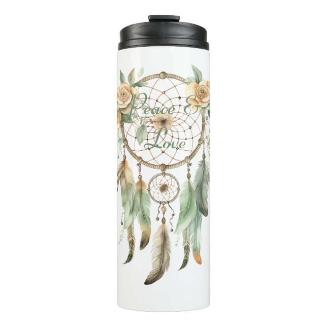 Peach floral Green Dream Catcher Peace Thermosbecher (Vorderseite)