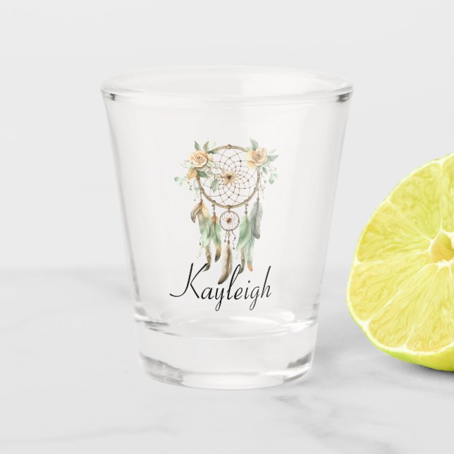 Peach floral Green Dream Catcher Schnapsglas (Vorderseite)
