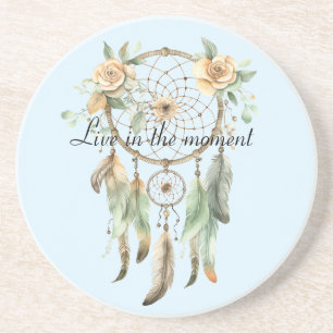 Peach floral Green Feathers Dream Catcher Getränkeuntersetzer