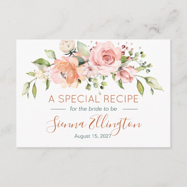 Peach floral & Greenery, Brautparty Rezept Begleitkarte (Vorderseite)