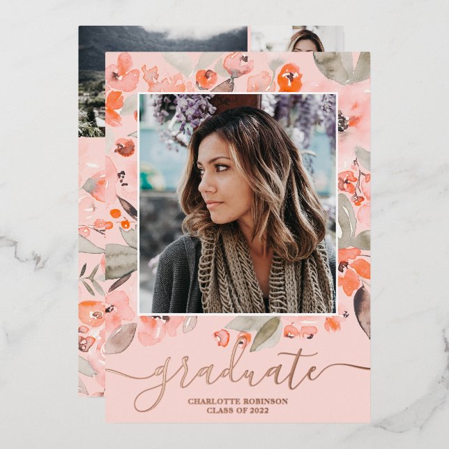 Peach floral grün Drehbuch 3 Fotos Abschluss Folieneinladung (Vorderseite/Rückseite)