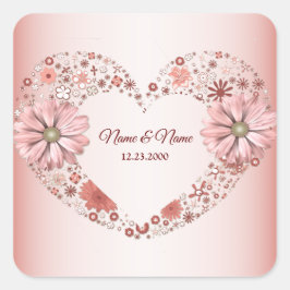 Peach Floral Heart Modern Party Quadratischer Aufkleber