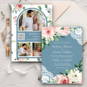Peach floral Lace Dusty Blue QR Code Hochzeit Einladung
