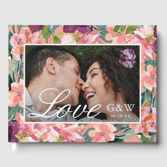 Peach Floral mit Liebe Script Foto Hochzeit Gästebuch (Vorderseite)