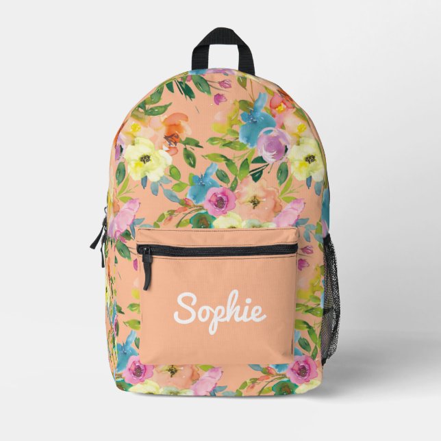 Peach Floral Muster Personalisiert Girlaname Bedruckter Rucksack (Vorderseite)