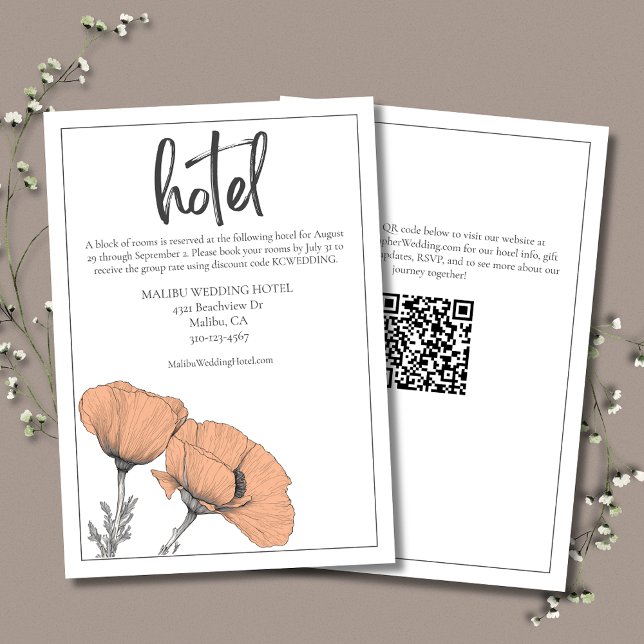 Peach floral Poppies Modernes Elegantes Wedding Ho Begleitkarte (Peach Poppies Wedding Hotel Enclosure Card goes with Peach Poppies Elegant Wedding Invitation Suite.)