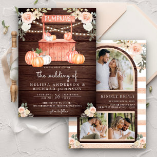 Peach Floral Pumpkin Market QR Code Wood Wedding Einladung