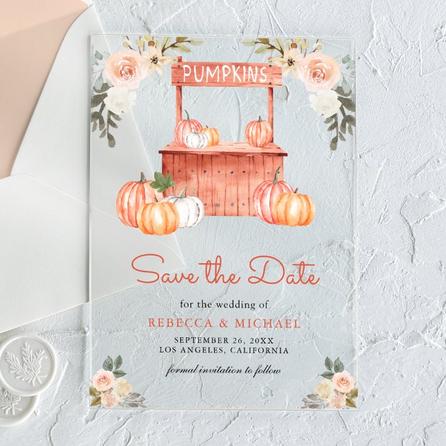Peach Floral Pumpkin Markt Hochzeit Speichern Sie  Acryleinladungen (Von Creator hochgeladen)