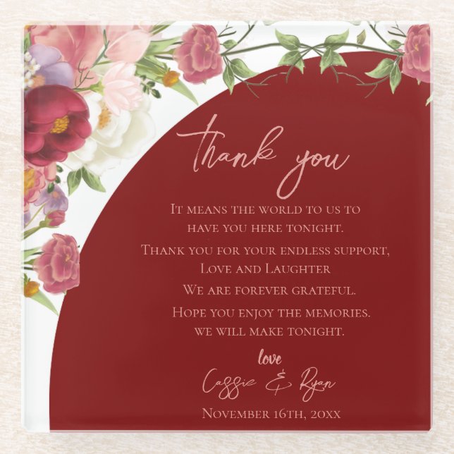 Peach Floral Red Arch Hochzeit Danke Nachricht Glasuntersetzer (Vorderseite)