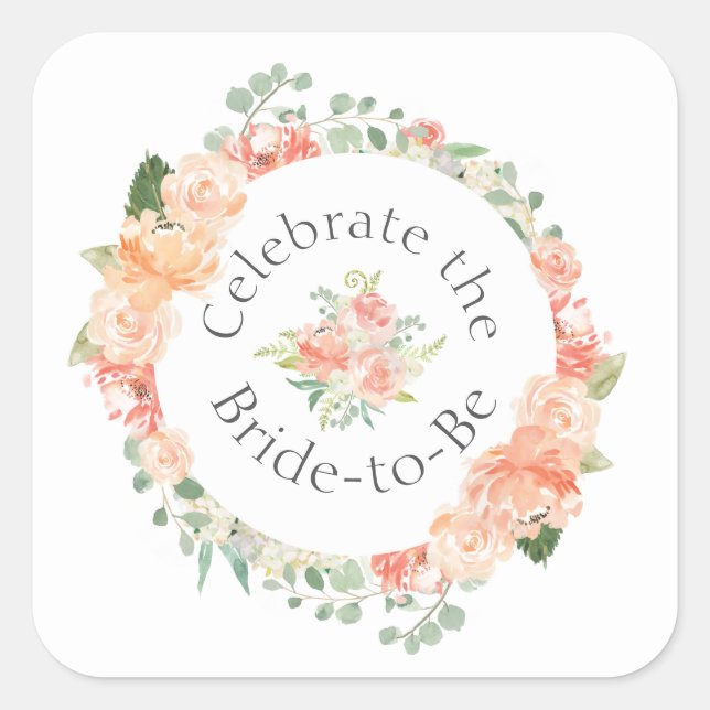 Peach Floral Ring Brautparty Quadratischer Aufkleber (Vorderseite)