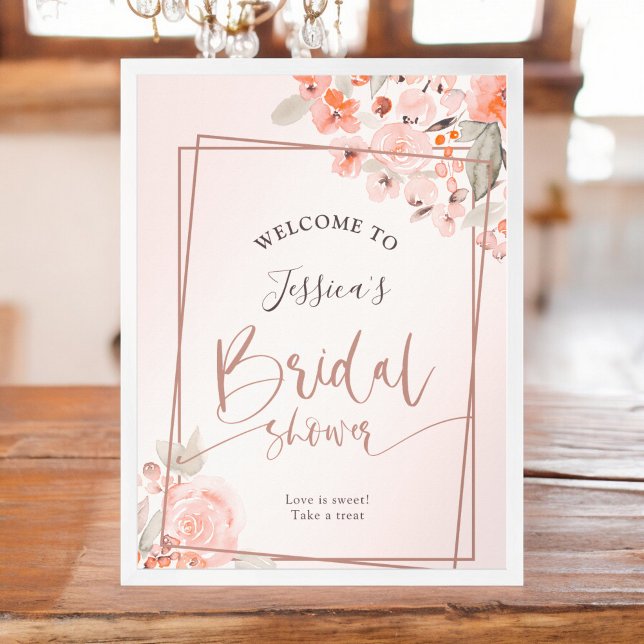 Peach floral Rose Gold Begrüßung Brautparty Poster (Peach floral rose gold welcome bridal shower poster)