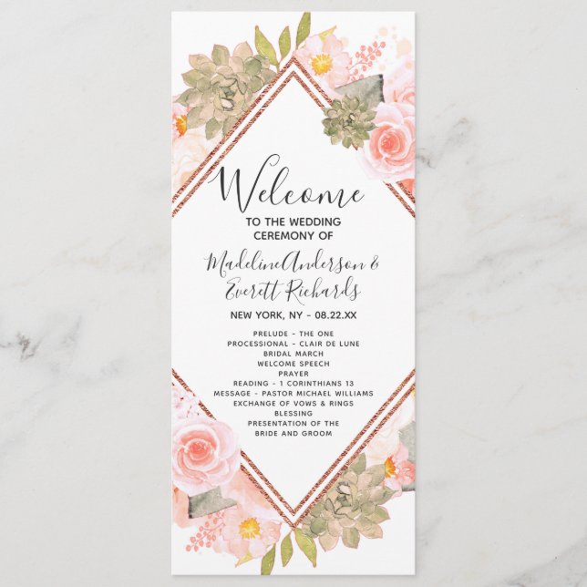 Peach Floral Rose Gold Wedding Zeremonie Programm (Vorderseite)