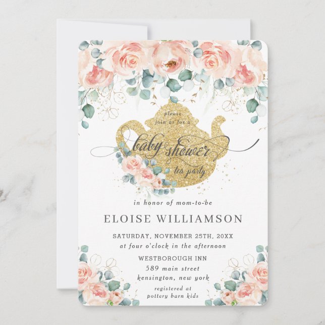 Peach Floral Rose Greenery Baby Dusche Tee Party Einladung (Vorderseite)