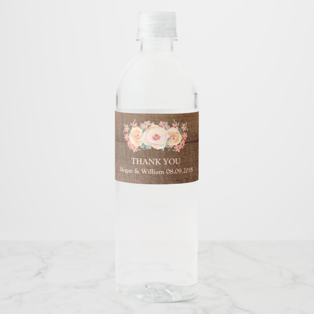 Peach floral rustic Holz Custom Water Flasche Labe (Vorderseite)