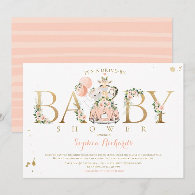 Peach floral Safari Animals Drive by Baby Dusche Einladung (Vorne/Hinten)