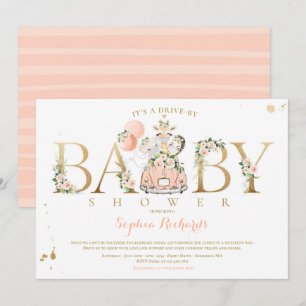 Peach floral Safari Animals Drive by Baby Dusche Einladung
