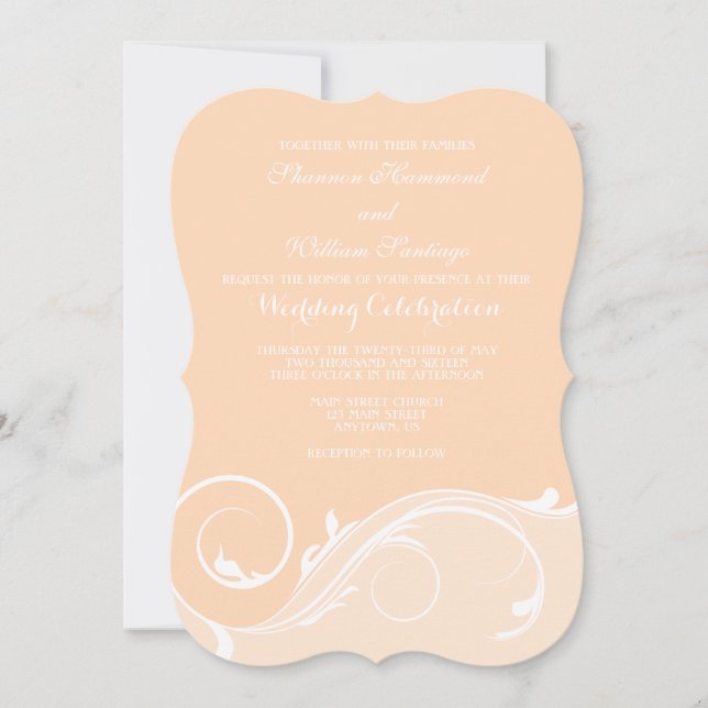Peach floral Swirl Bracket Wedites Einladung (Vorderseite)
