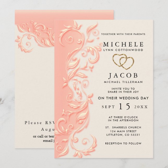 Peach floral Swirl Hochzeit und UAWG Einladung (Vorne/Hinten)