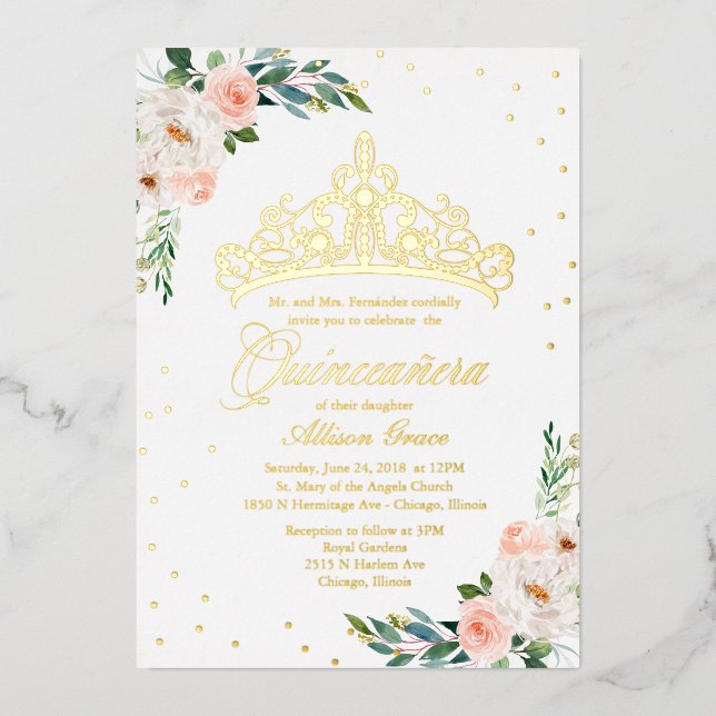 Peach Floral Tiara Quinceanera Folieneinladung (Vorderseite)