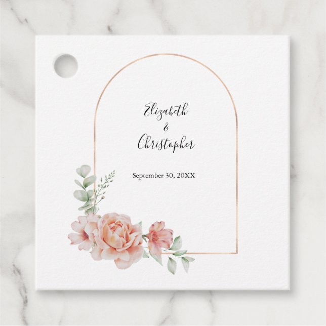 Peach floral Trendy Arch Greenery Moderne Hochzeit Geschenkanhänger (Vorderseite)