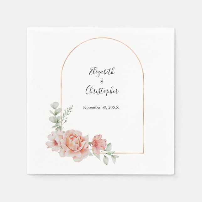Peach floral Trendy Arch Greenery Moderne Hochzeit Serviette (Vorderseite)