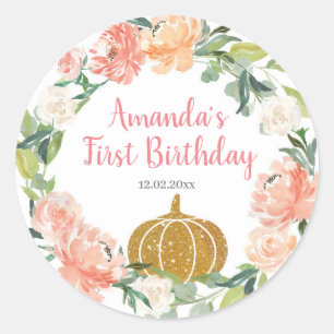 Peach Floral Unser kleiner Pumpkin Geburtstag Runder Aufkleber