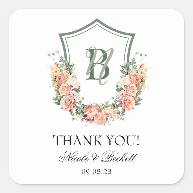 Peach Floral Wappen Hochzeit Vielen Dank Quadratischer Aufkleber (Vorderseite)