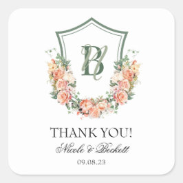 Peach Floral Wappen Hochzeit Vielen Dank Quadratischer Aufkleber