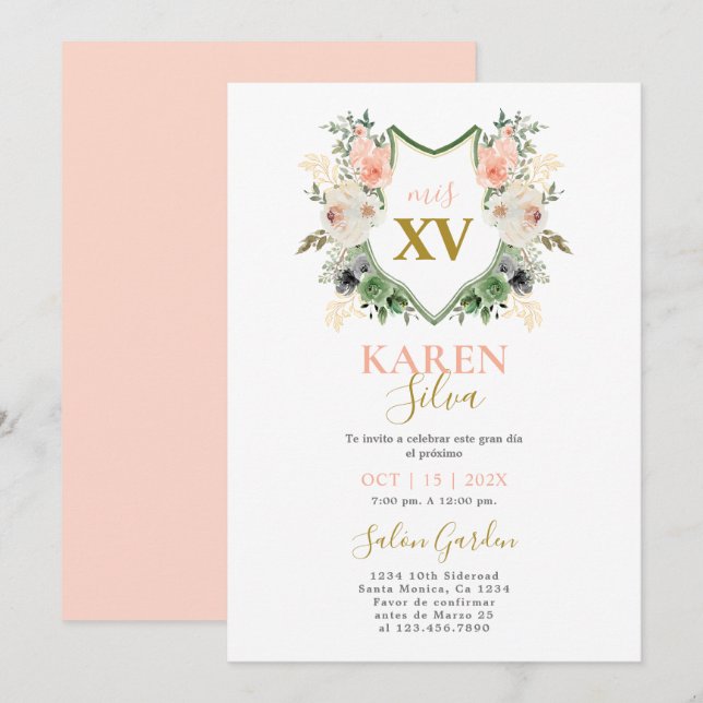 Peach floral Wappen Quinceanera Einladung (Vorne/Hinten)