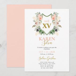 Peach floral Wappen Quinceanera Einladung