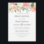 Peach Floral Watercolor 16 . Geburtstag Einladung<br><div class="desc">Elegante 16 . Geburtstag Einladung mit einem weichen floralen Aquarell-Design in den Farbtönen Rosa,  Pfirsich und Grün. Klassischer Text in weichem Grau kann vollständig personalisiert sein. Matching Wedding Collection im Little Bayleigh Store!</div>