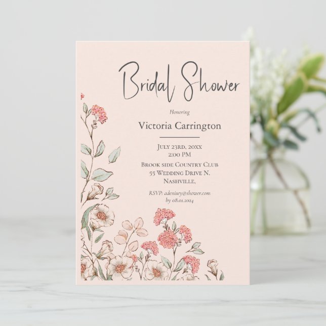 Peach Floral Watercolor Bridal Dusche Einladung (Stehend Vorderseite)