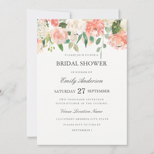 Peach Floral Watercolor Bridal Dusche Einladung (Vorderseite)