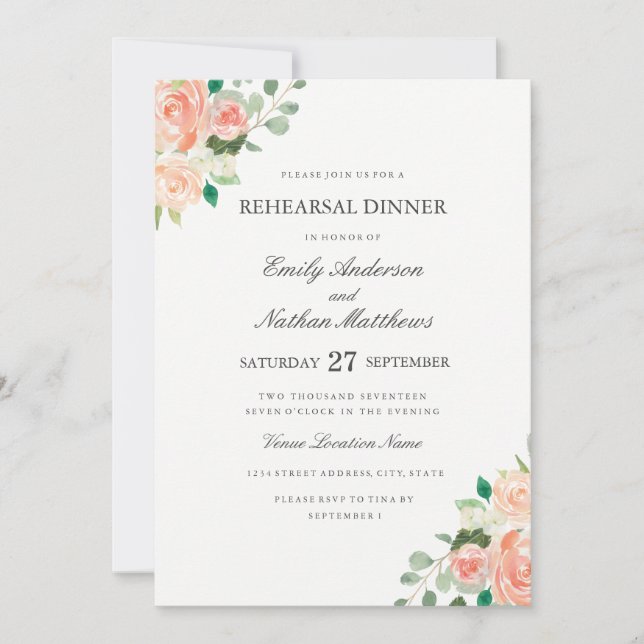Peach Floral Watercolor Hochzeitliches Probe-Dinne Einladung (Vorderseite)