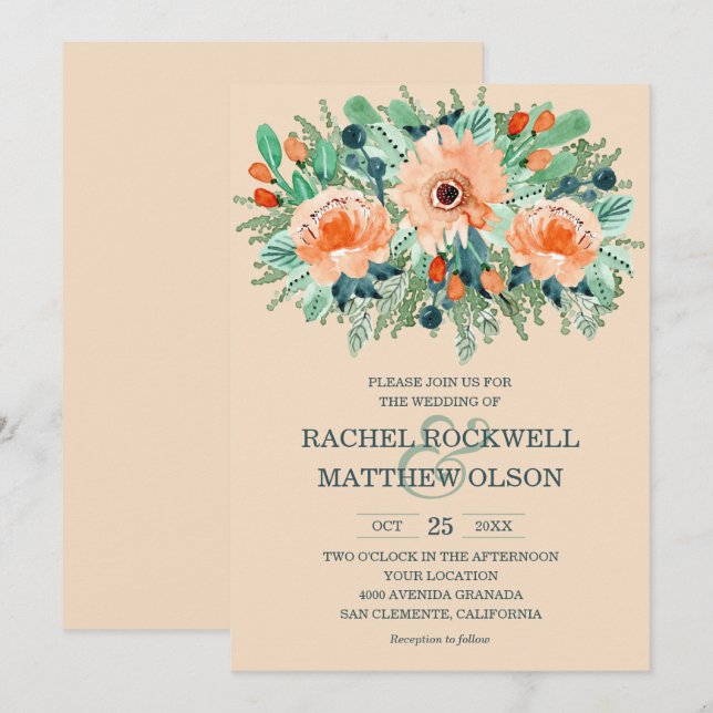 Peach Floral Watercolor Hochzeitseinladungen (Vorne/Hinten)