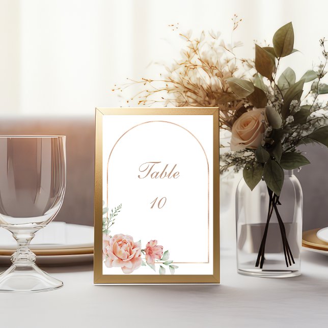 Peach Floral Watercolor Hochzeitskarte Tischnummer (Peach watercolor Floral Greenery Rose Gold Arch Wedding Table number cards)