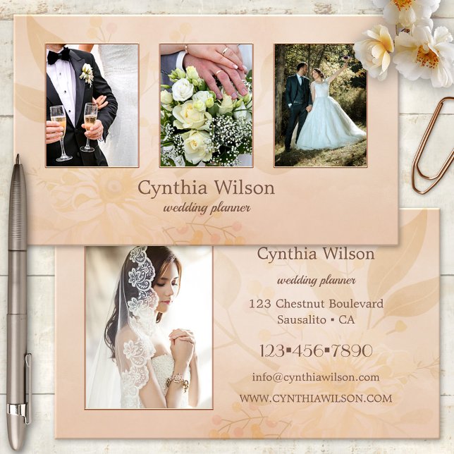 Peach Floral Watercolor Hochzeitsplaner Foto Visitenkarte (Wedding planner business card with your photos on a peach colored floral watercolor design)