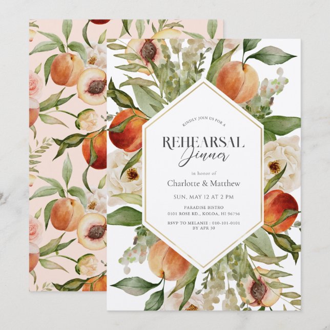 Peach Floral Watercolor Probe Dinner Einladung (Vorne/Hinten)