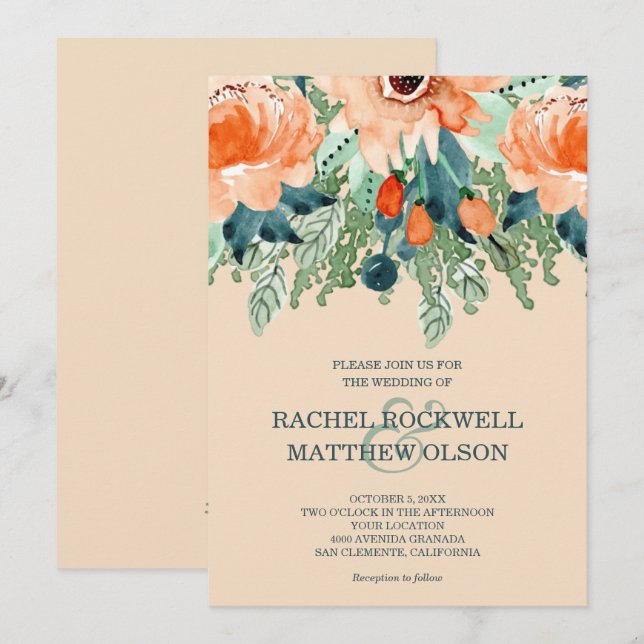 Peach Floral Watercolor Wedding Einladung (Vorne/Hinten)