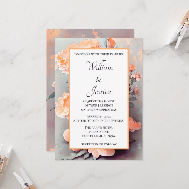 Peach Floral Watercolor Wedding Einladung (Vorderseite/Rückseite Beispiel)