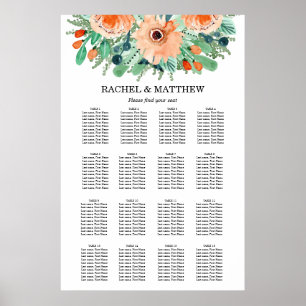 Peach Floral Wedding 16 Table Seating Chart Poster