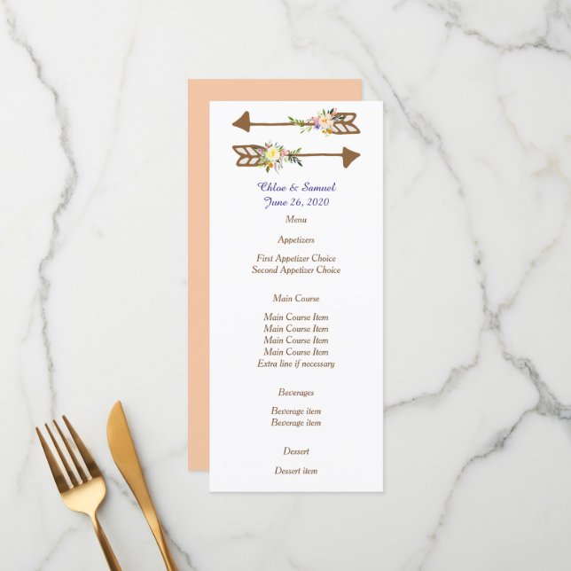 Peach Floral Wedding Menu Menükarte (Vorderseite/Rückseite Beispiel)