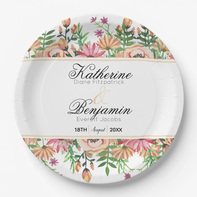 Peach Floral Wedding Pappteller (Vorderseite)