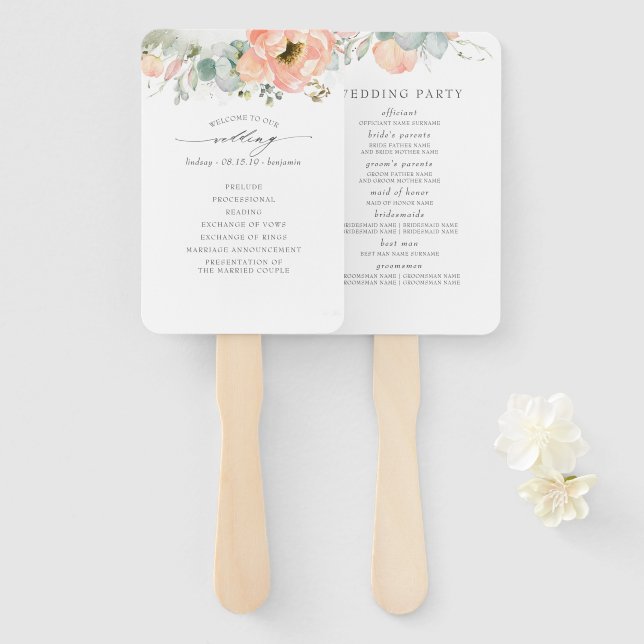 Peach Floral Wedding Program Fächer (Vorne und Hinten)