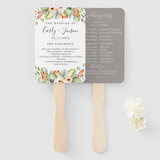Peach Floral Wedding Program Hand Fans Fächer (Vorne und Hinten)